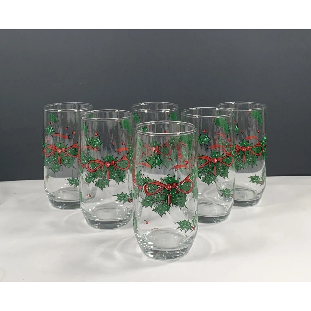 Set of 6 Vintage Christmas Holly Berry Glasses Tumblers 1990 Ancho Hocking